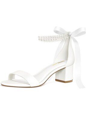 Women's Low Block Chunky Heels Sandals Open Toe White Pearl Ankle Strappy Buckle